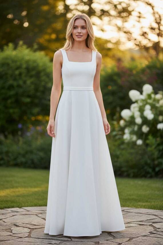 Beyaz Kare Yaka Saten Maxi Boy Hazır Boş Abiye ve Nikah Elbisesi - 2