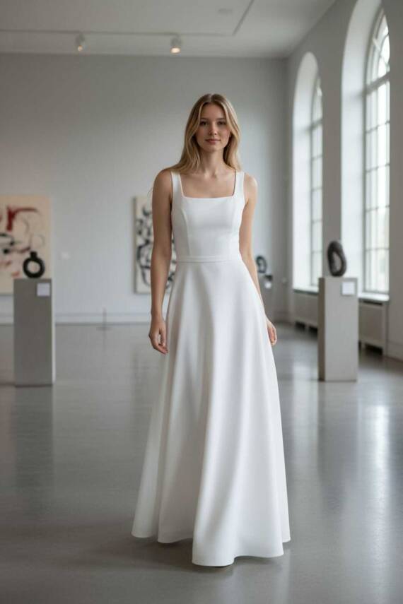 Beyaz Kare Yaka Saten Maxi Boy Hazır Boş Abiye ve Nikah Elbisesi - 5