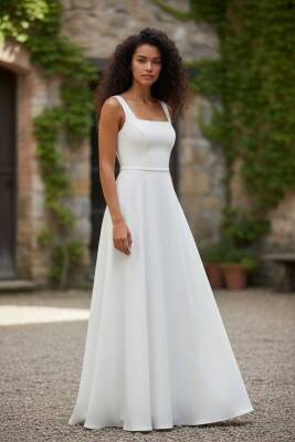 Beyaz Kare Yaka Saten Maxi Boy Hazır Boş Abiye ve Nikah Elbisesi - 6