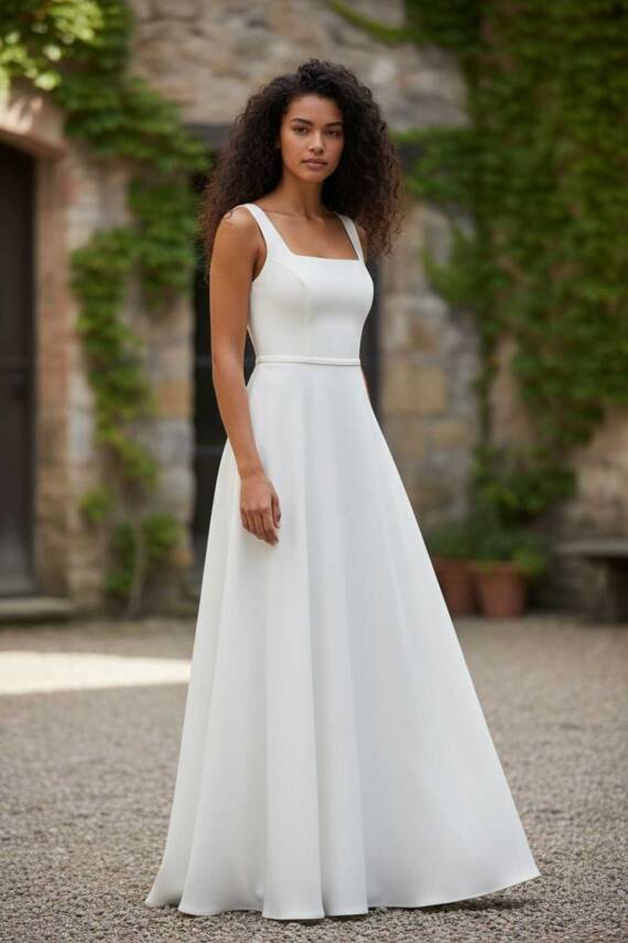 Beyaz Kare Yaka Saten Maxi Boy Hazır Boş Abiye ve Nikah Elbisesi - 6