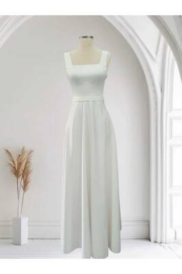 Beyaz Kare Yaka Saten Maxi Boy Hazır Boş Abiye ve Nikah Elbisesi - 7