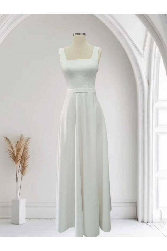 Beyaz Kare Yaka Saten Maxi Boy Hazır Boş Abiye ve Nikah Elbisesi - 7