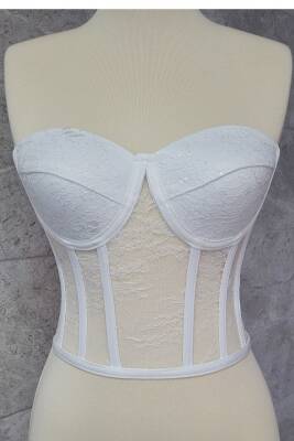 Beyaz Lez Dantel Balenli Bağlamalı Büstiyer