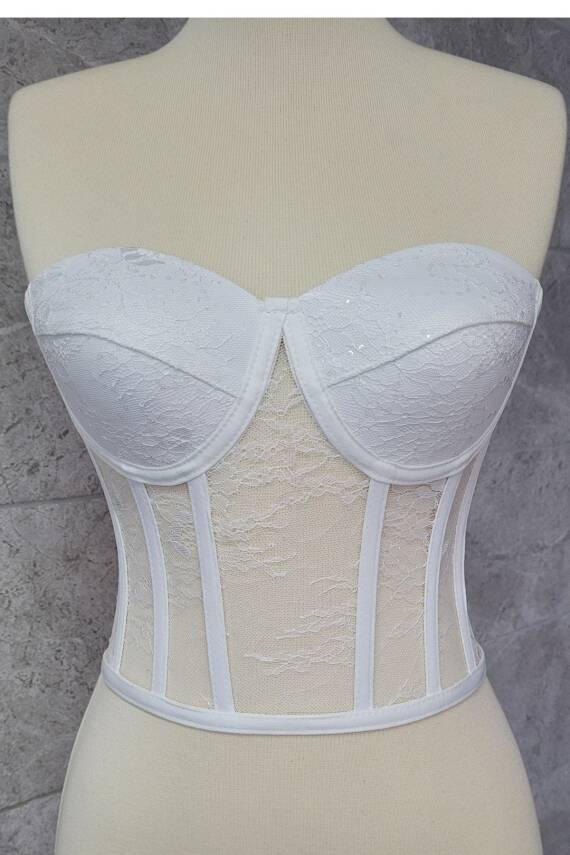 Beyaz Lez Dantel Balenli Bağlamalı Büstiyer - 1