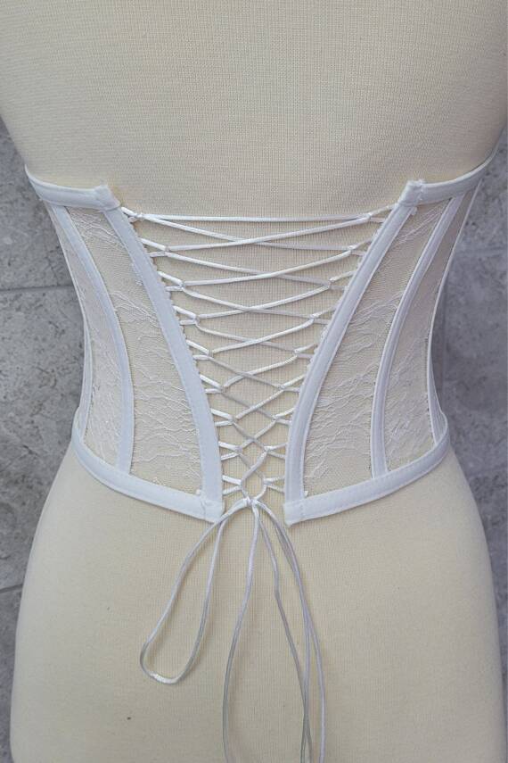 Beyaz Lez Dantel Balenli Bağlamalı Büstiyer - 3