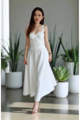 Beyaz Midi Boy Saten Gece Ve Mezuniyet Elbisesi