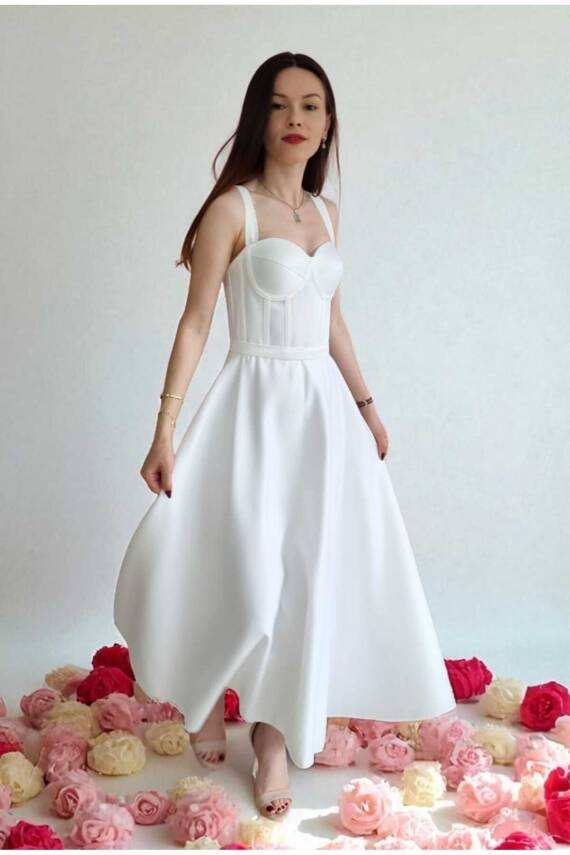 Beyaz Midi Boy Saten Gece Ve Mezuniyet Elbisesi - 3