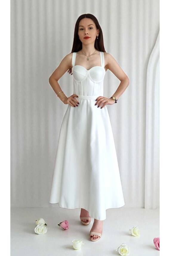Beyaz Midi Boy Saten Gece Ve Mezuniyet Elbisesi - 6