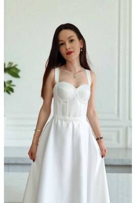 Beyaz Midi Boy Saten Gece Ve Mezuniyet Elbisesi - 7