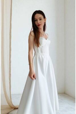 Beyaz Midi Boy Saten Gece Ve Mezuniyet Elbisesi - 8