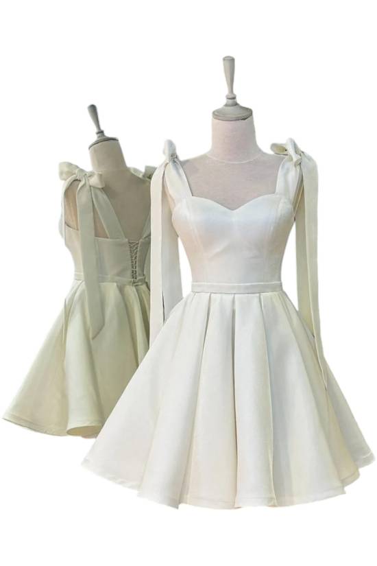 White Shoulder Tie Mini Satin Evening Dress - 0