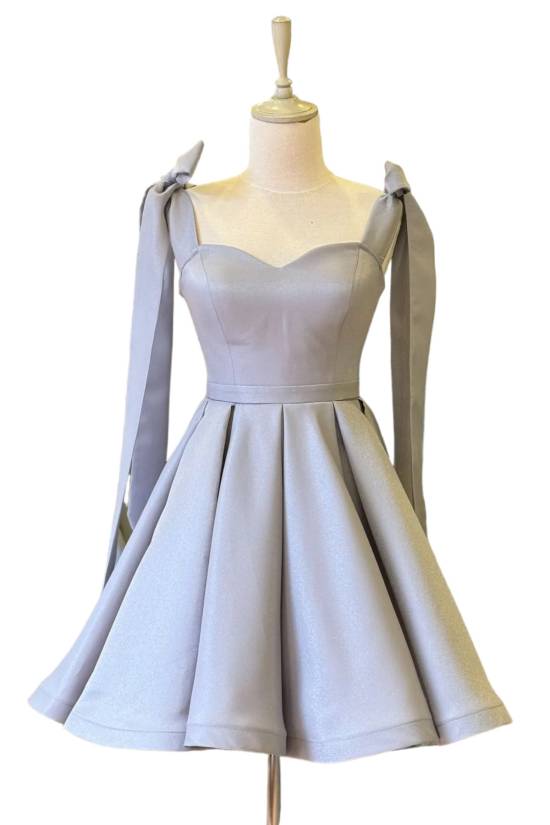 White Shoulder Tie Mini Satin Evening Dress - 6