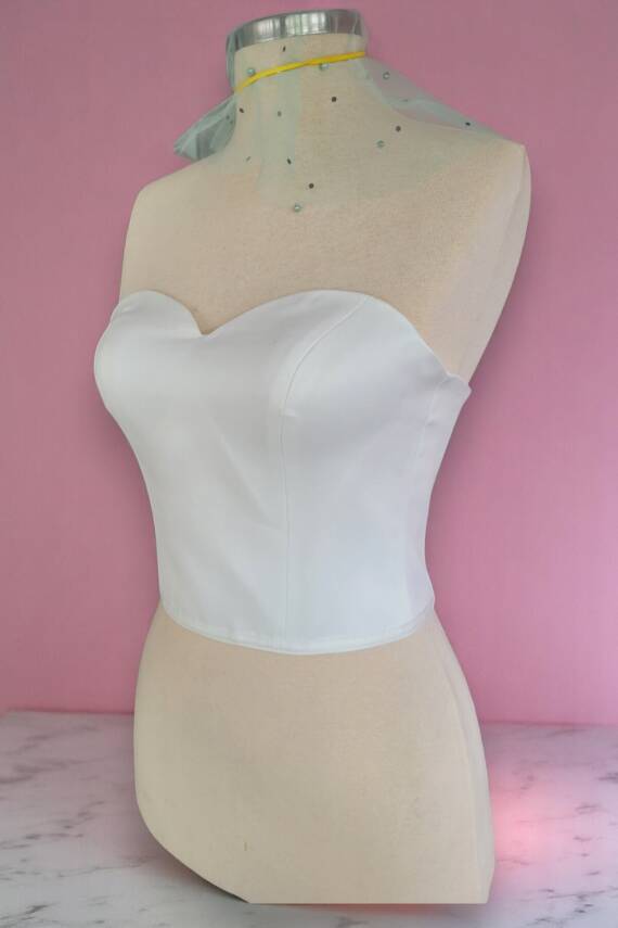 Beyaz Saten Korse Büstiyer Hazır Beden Bağlamalı - 5