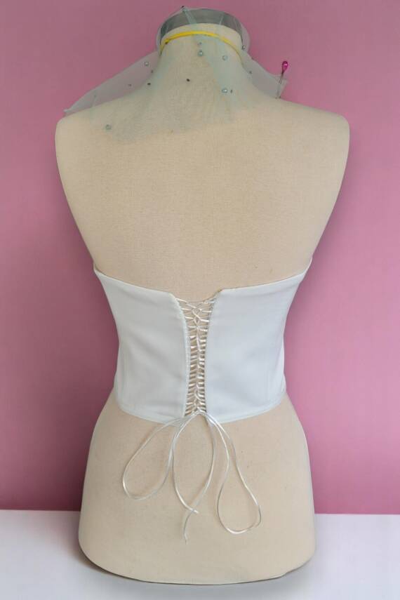 Beyaz Saten Korse Büstiyer Hazır Beden Bağlamalı - 6