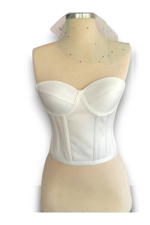 Beyaz Saten Korse Büstiyer Hazır Beden - 6