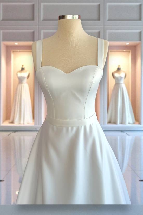 Beyaz Saten Maxi Boy Hazır Boş Abiye ve Nikah Elbisesi - 3