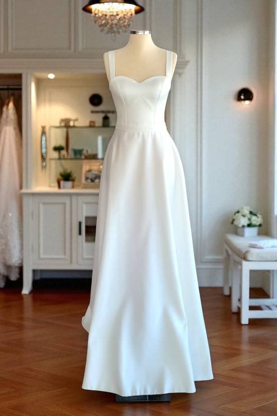 Beyaz Saten Maxi Boy Hazır Boş Abiye ve Nikah Elbisesi - 5