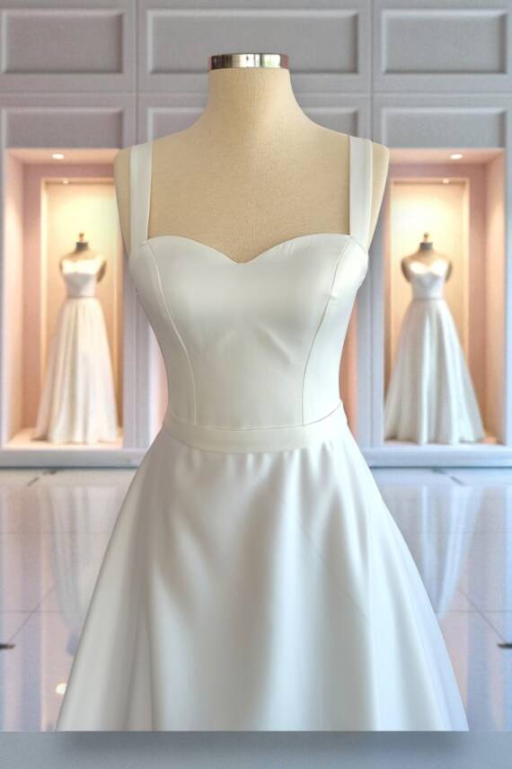 Beyaz Saten Maxi Boy Hazır Boş Abiye ve Nikah Elbisesi - 3