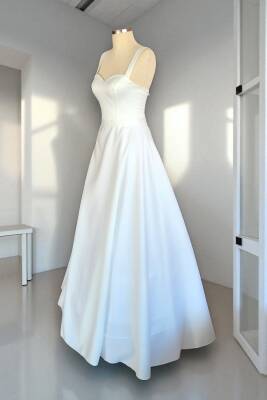 Beyaz Saten Maxi Boy Hazır Boş Abiye ve Nikah Elbisesi - 8