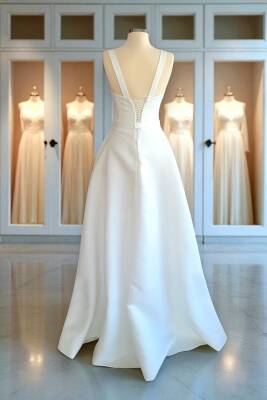 Beyaz Saten Maxi Boy Hazır Boş Abiye ve Nikah Elbisesi - 11