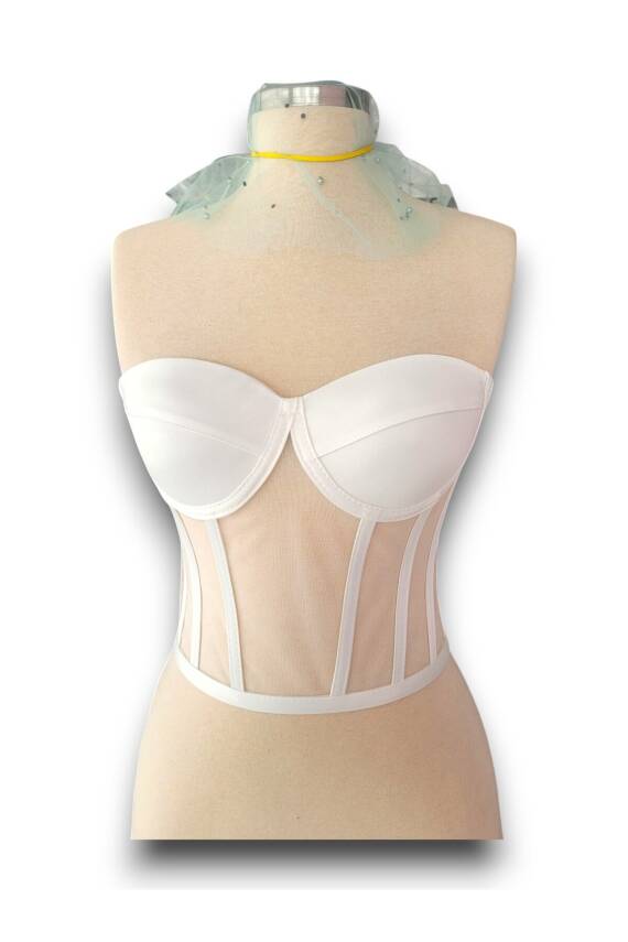 Beyaz Transparan Balenli Korse Büstiyer Gelinlik Hazır Beden - 3