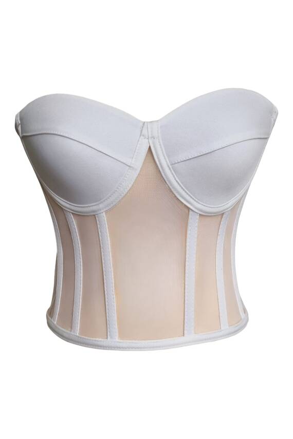 Beyaz Transparan Balenli Korse Büstiyer Gelinlik Hazır Beden - 6