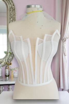 Beyaz Transparan Balenli Korse Büstiyer Gelinlik Hazır Beden - 3