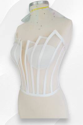 Beyaz Transparan Balenli Korse Büstiyer Gelinlik Hazır Beden - 5