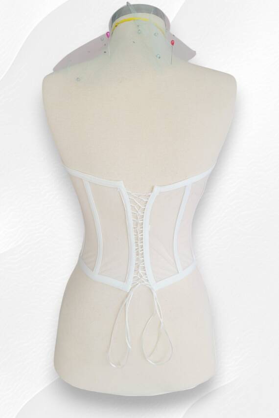 Beyaz Transparan Balenli Korse Büstiyer Gelinlik Hazır Beden - 6