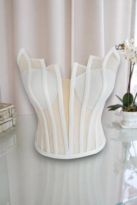Beyaz Transparan Balenli Korse Büstiyer Gelinlik Hazır Beden - 7
