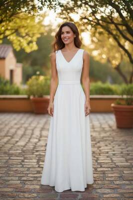 Beyaz V yaka Saten Maxi Boy Hazır Düz Abiye ve Nikah Elbisesi