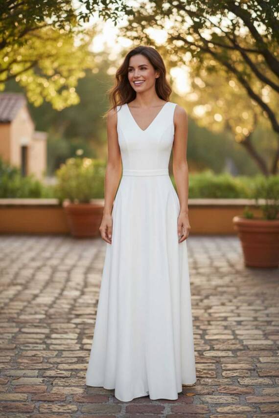 Beyaz V yaka Saten Maxi Boy Hazır Düz Abiye ve Nikah Elbisesi - 1