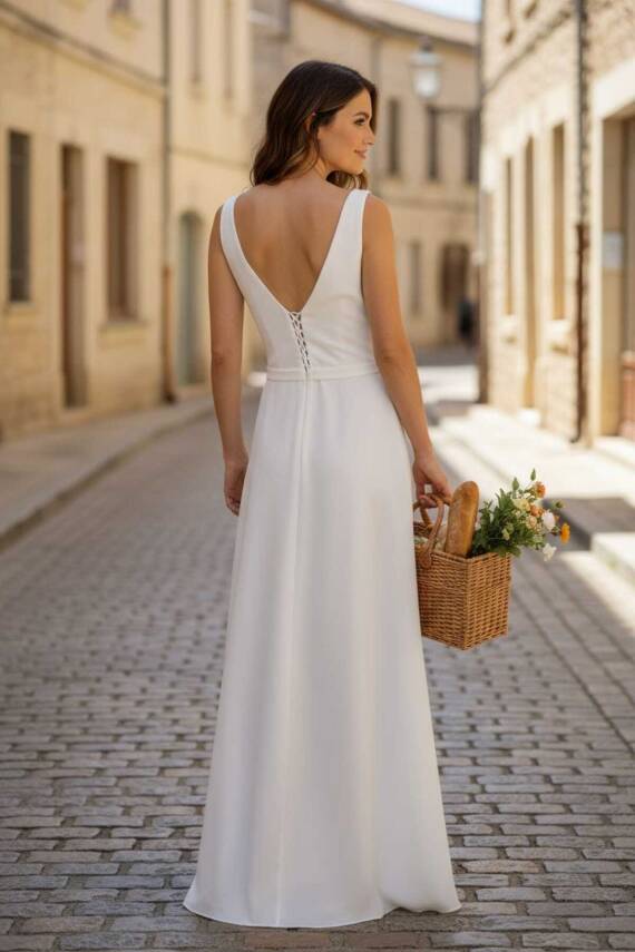 Beyaz V yaka Saten Maxi Boy Hazır Düz Abiye ve Nikah Elbisesi - 3