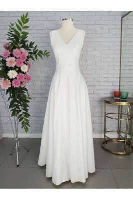 Beyaz V yaka Saten Maxi Boy Hazır Düz Abiye ve Nikah Elbisesi - 6