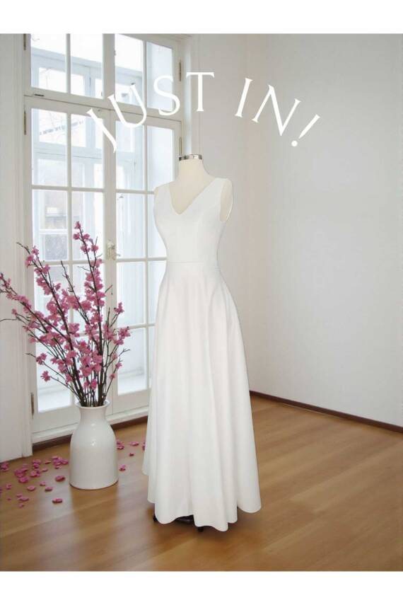 Beyaz V yaka Saten Maxi Boy Hazır Düz Abiye ve Nikah Elbisesi - 7