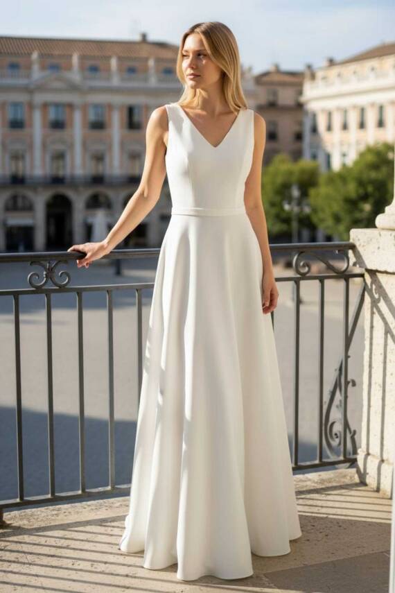 Beyaz V yaka Saten Maxi Boy Hazır Düz Abiye ve Nikah Elbisesi - 8