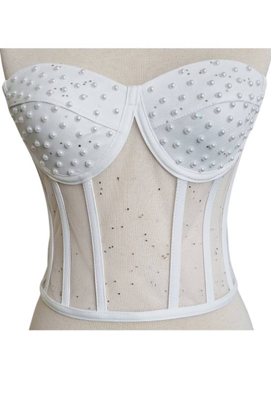 White Pearl Transparent Boned Tie-up Bustier - 1