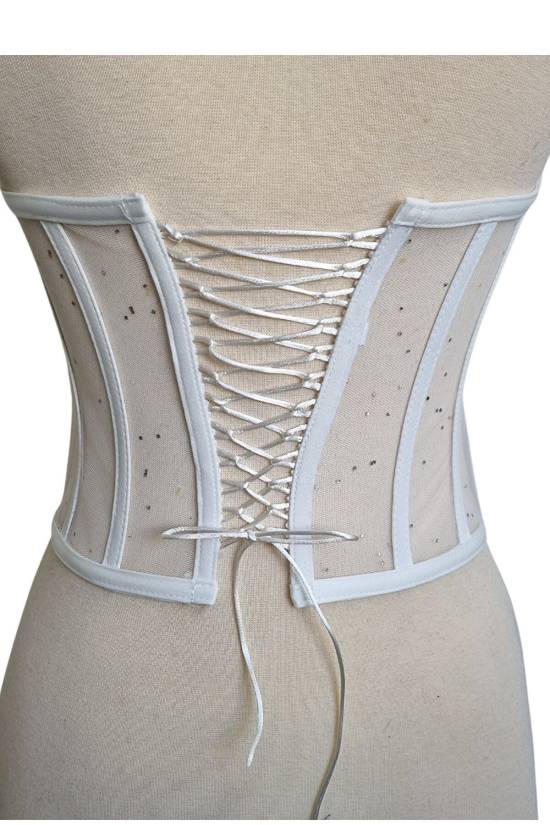 White Pearl Transparent Boned Tie-up Bustier - 2
