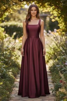 Bordo Kare Yaka Saten Abiye Elbise Maxi Boy - 2