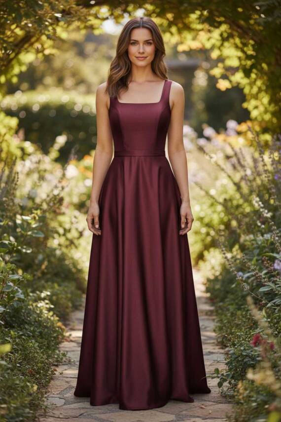 Bordo Kare Yaka Saten Abiye Elbise Maxi Boy - 2