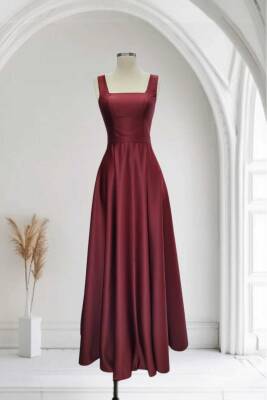 Bordo Kare Yaka Saten Abiye Elbise Maxi Boy - 3