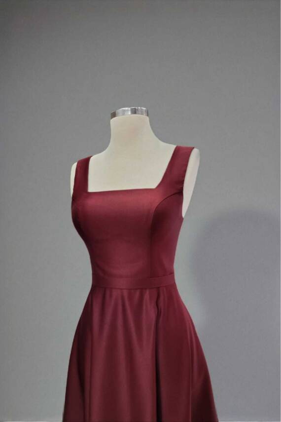 Bordo Kare Yaka Saten Abiye Elbise Maxi Boy - 5