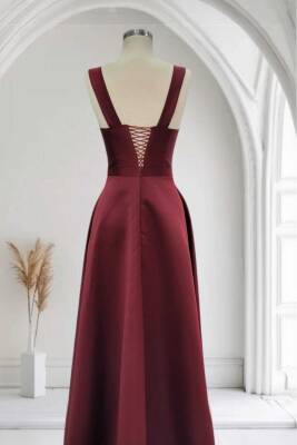Bordo Kare Yaka Saten Abiye Elbise Maxi Boy - 6