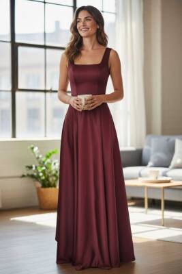 Bordo Kare Yaka Saten Abiye Elbise Maxi Boy - 7