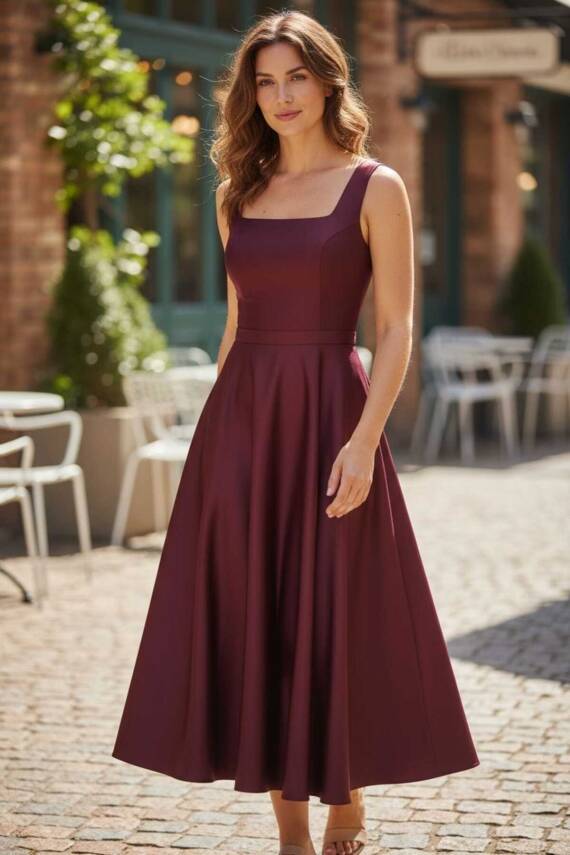 Bordo Kare Yaka Saten Abiye Elbise Midi Boy - 1