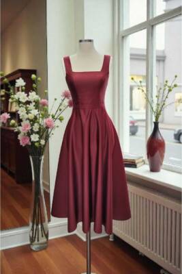Bordo Kare Yaka Saten Abiye Elbise Midi Boy - 2
