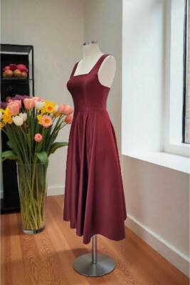 Bordo Kare Yaka Saten Abiye Elbise Midi Boy - 4