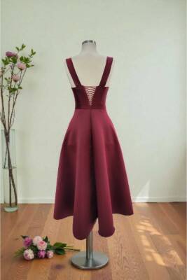 Bordo Kare Yaka Saten Abiye Elbise Midi Boy - 5