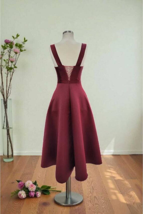 Bordo Kare Yaka Saten Abiye Elbise Midi Boy - 5