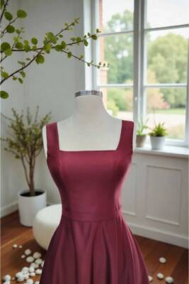 Bordo Kare Yaka Saten Abiye Elbise Midi Boy - 6